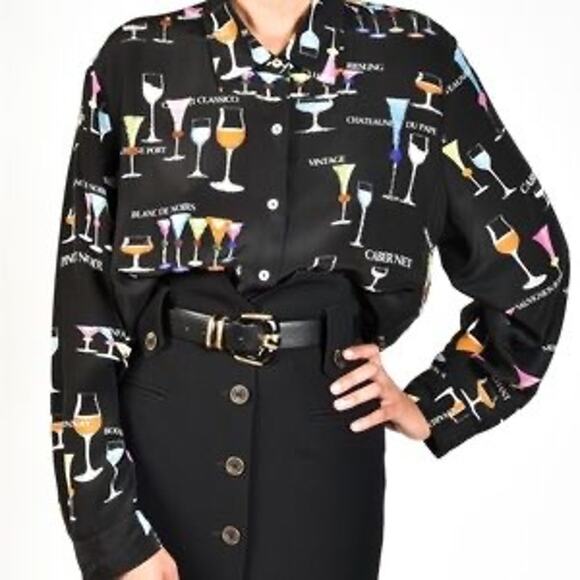 Vintage Wine & Cocktail Glass Novelty Print Cropped Denim Jacket - Size L - Picture 1 of 7
